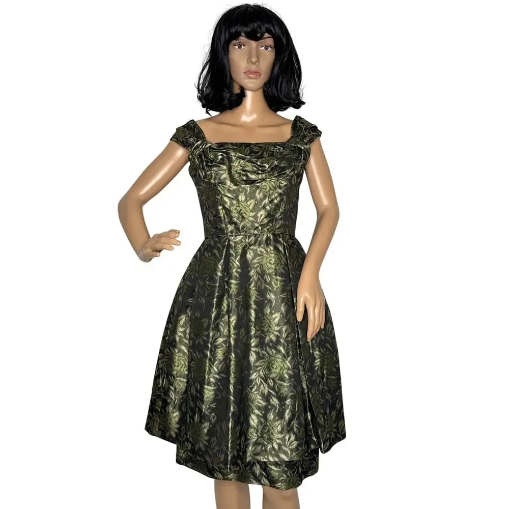 Vintage 1950s Olive Gold Brocade Cocktail Dress with Boned Bodice  XS